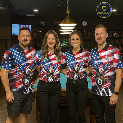 Custom American Flag Eagle Billiard Shirt For Men, Patriotic 8 Ball Pool Team Jersey Polo, 1/4 Zip TDM6181