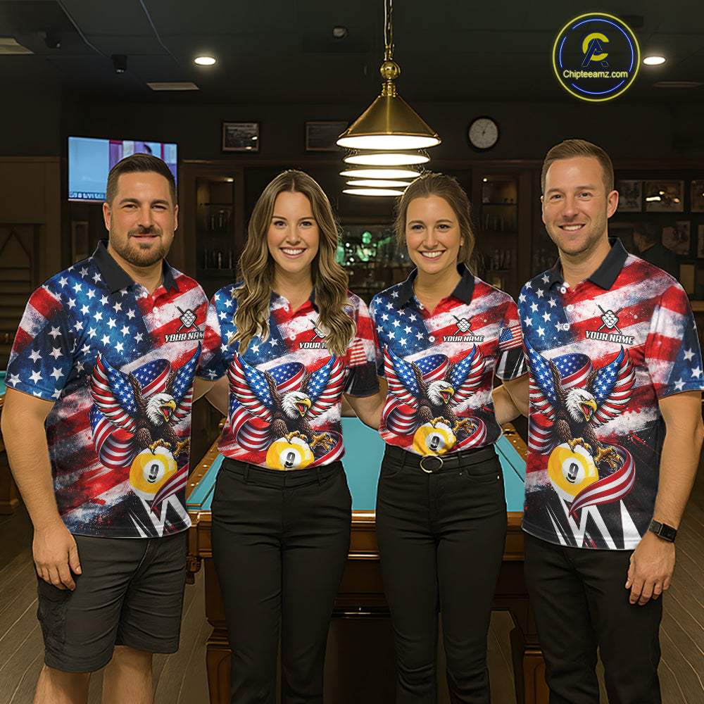 Custom American Flag Eagle Billiard Shirt For Men, Patriotic 9 Ball Pool Team Jersey Polo, 1/4 Zip TDM6182