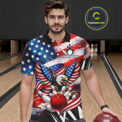 Custom American Flag Eagle Bowling Jersey For Men, Patriotic Bowling Team Shirt Polo & 1/4 Zip TDM6183