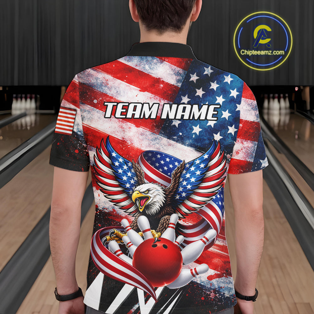 Custom American Flag Eagle Bowling Jersey For Men, Patriotic Bowling Team Shirt Polo & 1/4 Zip TDM6183