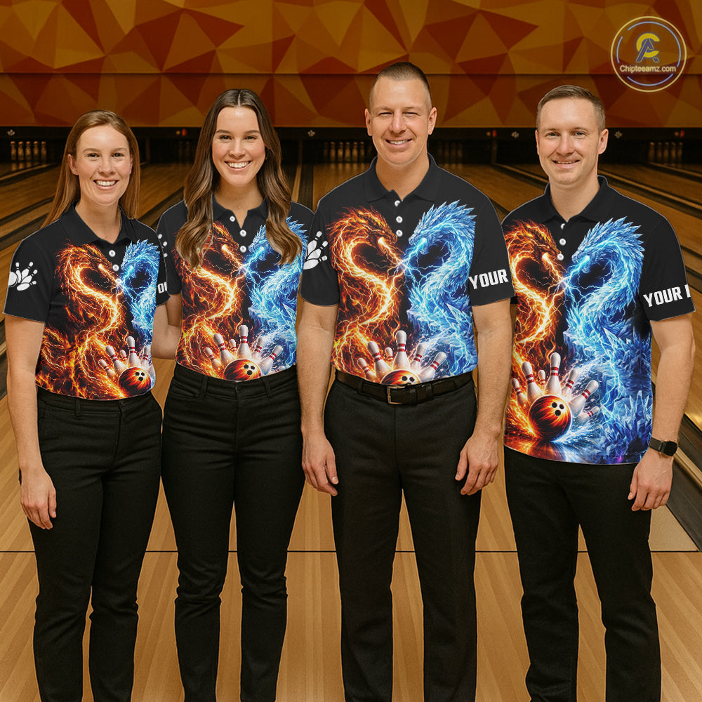 Personalized Fire And Icy Dragon Bowling Shirt For Men, Lightning Bowling Jersey Polo & 1/4 Zip TDM6185