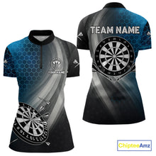 Load image into Gallery viewer, Custom Women&#39;s Dart Shirt – Black Blue Hexagon Design Darts Team Jersey | Polo &amp; Quarter Zip Uniform TDM4074