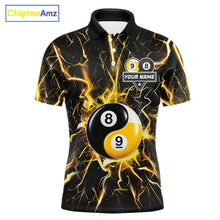 Load image into Gallery viewer, Black polo shirt with yellow lightning design and 8 ball 9 ball graphic, customizable name and team name