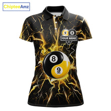 Load image into Gallery viewer, Black polo shirt with yellow lightning design and 8 ball 9 ball graphic, customizable name and team name