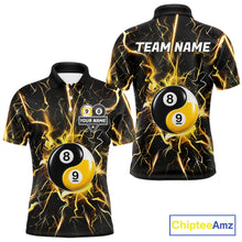 Load image into Gallery viewer, Black polo shirt with yellow lightning design and 8 ball 9 ball graphic, customizable name and team name