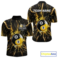 Load image into Gallery viewer, Black quarter zip shirt with yellow lightning design and 8 ball 9 ball graphic, customizable name and team name