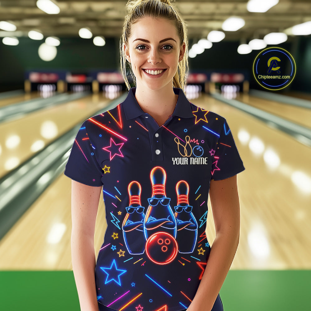 Woman wearing a blue funny neon bowling polo shirt front view.