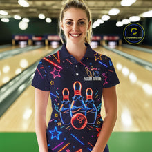 Load image into Gallery viewer, Woman wearing a blue funny neon bowling polo shirt front view.