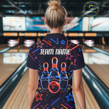 Load image into Gallery viewer, Back view of woman wearing a blue funny neon bowling polo shirt.
