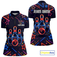 Load image into Gallery viewer, Blue funny neon quarter zip bowling shirt for women.