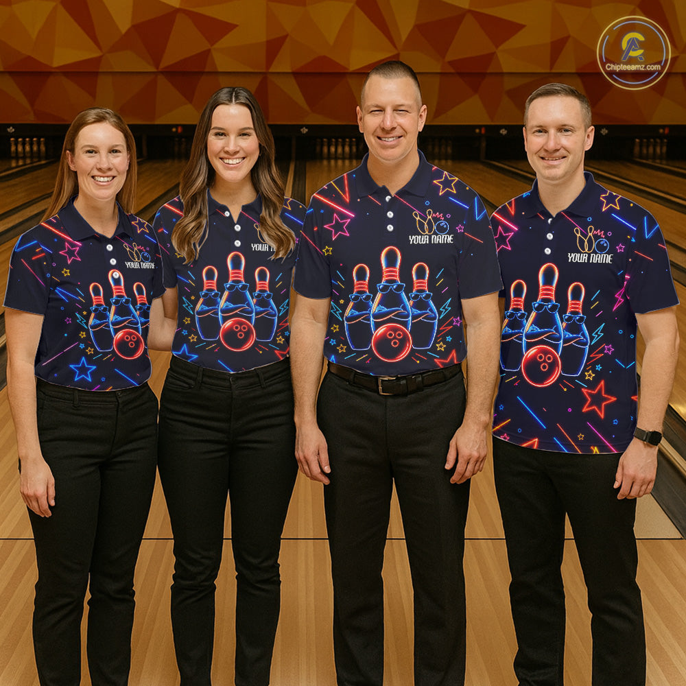 Bowling team wearing matching blue funny neon custom bowling jerseys front view.