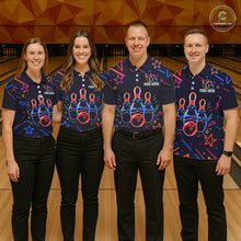 Load image into Gallery viewer, Bowling team wearing matching blue funny neon custom bowling jerseys front view.