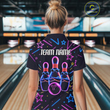 Load image into Gallery viewer, Back view of woman wearing a purple funny neon bowling polo shirt.