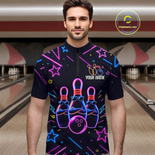 Load image into Gallery viewer, Man wearing a purple funny neon quarter zip bowling shirt front view, personalized bowling team apparel.