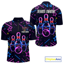 Load image into Gallery viewer, Purple funny neon quarter zip bowling shirt for men, custom bowling team jersey and tournament apparel.