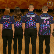 Load image into Gallery viewer, Back view of bowling team wearing matching purple funny neon bowling league jerseys.