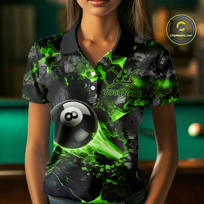 Woman Wearing Personalized Green 8 Ball 9 Ball Fire Billiard Polo Shirt with Athletic Performance Fit and Vibrant Flame Graphic Artwork, Front View