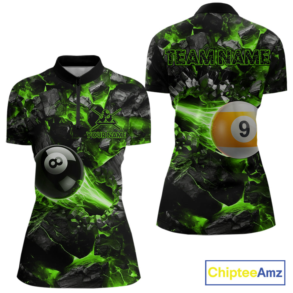 Personalized Green 8 Ball 9 Ball Fire Quarter Zip Billiard Shirt Created for Competitive Pool League Teams with Performance Fabric and Tournament Ready Team Design