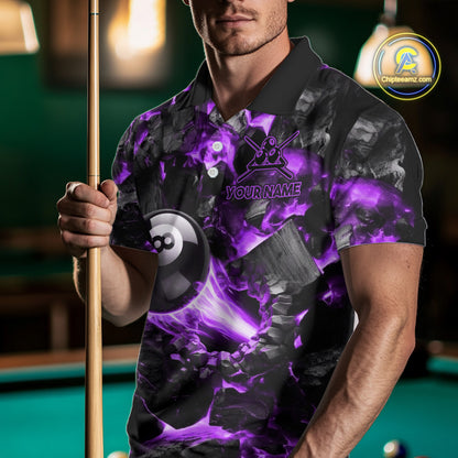 Man Wearing Personalized Purple 8 Ball 9 Ball Fire Billiard Polo Shirt with Athletic Performance Fit and Dynamic Flame Graphic Artwork, Front View