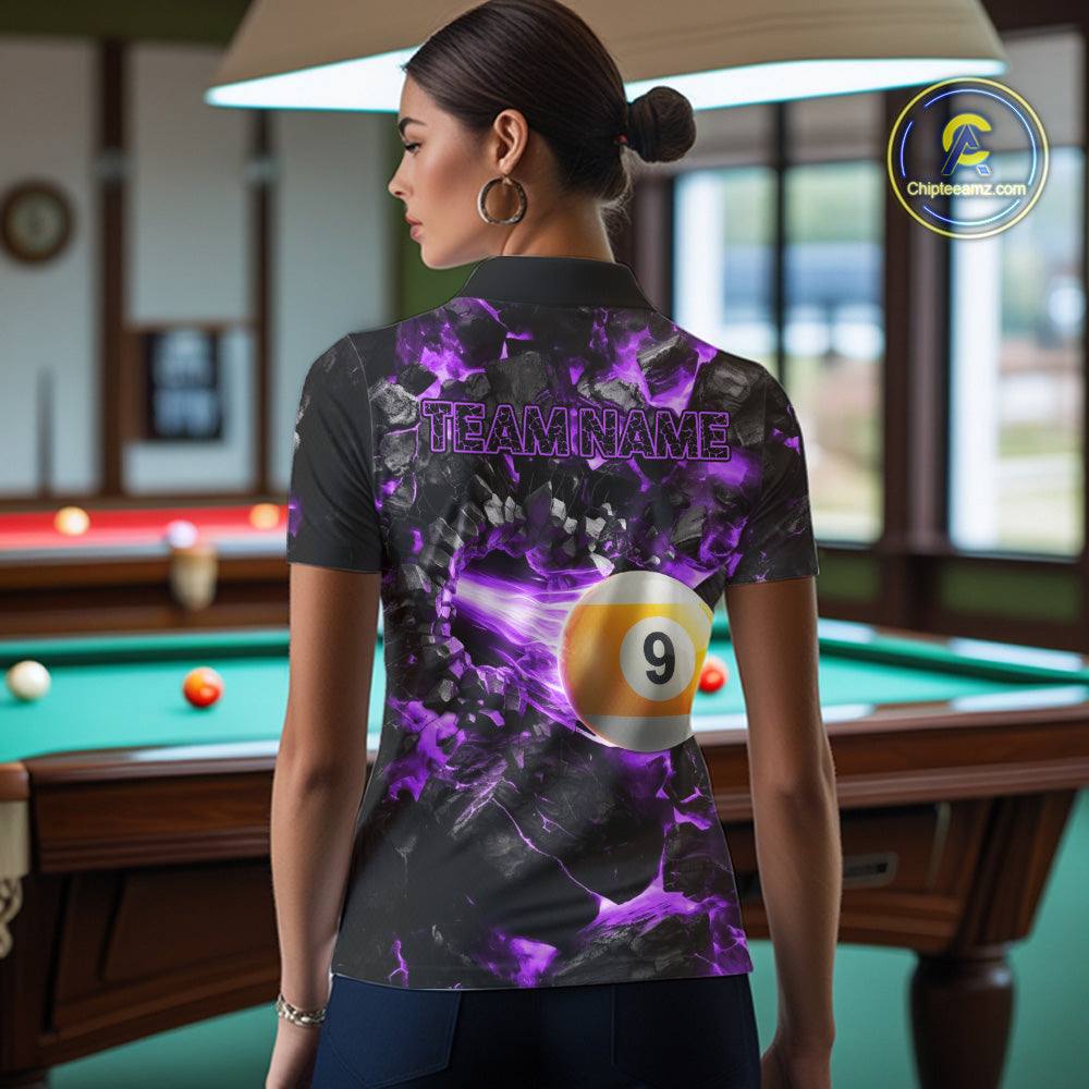 Woman Wearing Personalized Purple 8 Ball 9 Ball Fire Custom Pool Team Jersey Featuring the Complete Rear Graphic Design, Back View