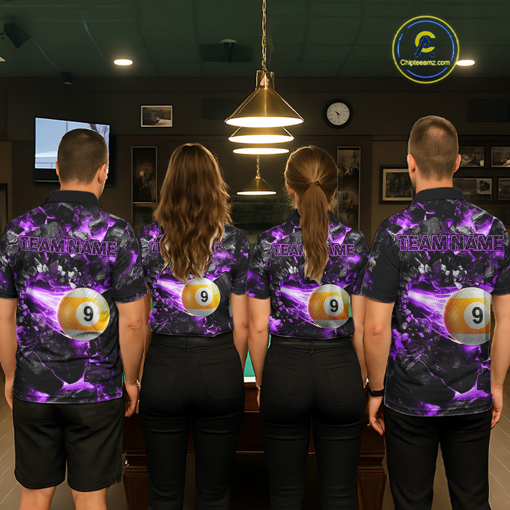 Pool Team Wearing Personalized Purple 8 Ball 9 Ball Fire Custom Billiard Team Jerseys Featuring the Complete Back Artwork, Back View