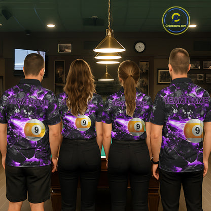 Pool Team Wearing Personalized Purple 8 Ball 9 Ball Fire Custom Billiard Team Jerseys Featuring the Complete Back Artwork, Back View