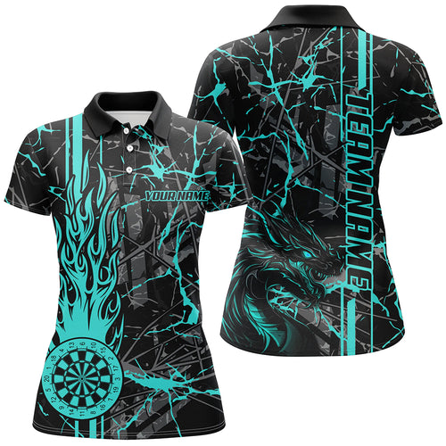 Turquoise Grunge Dart Jerseys For Women, Fire Flame Dart Board Custom Name Dragon Darts League Shirts TDM2603