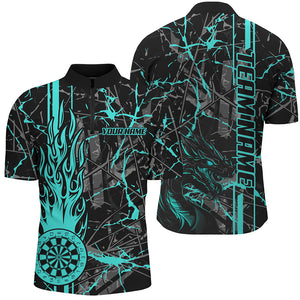 Turquoise Grunge Dart Jerseys For Men, Fire Flame Dart Board Custom Name Dragon Darts League Shirts TDM2603