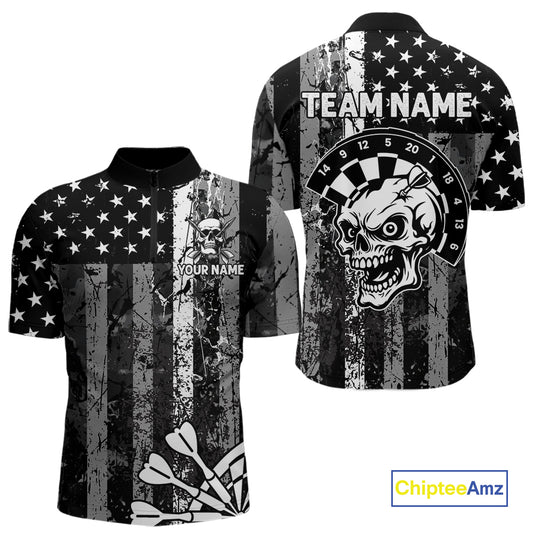 Personalized White Black Grunge US Flag Skull Darts Shirt For Men Custom Patriotic Darts Jersey TDM4883