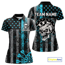 Load image into Gallery viewer, Personalized Blue Grunge US Flag Skull Darts Shirt For Women Custom Patriotic Darts Team Jersey TDM4885
