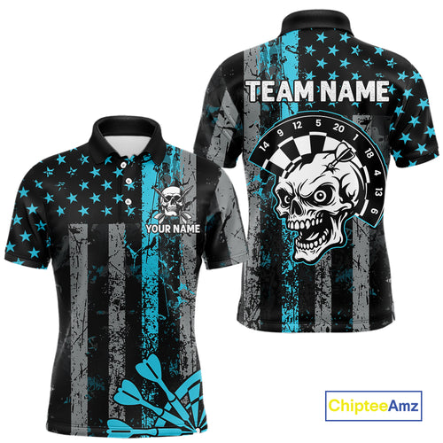 Personalized Blue Grunge US Flag Skull Darts Shirt For Men Custom Patriotic Darts Team Jersey TDM4885