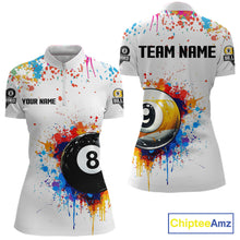 Load image into Gallery viewer, Funny 8 Ball &amp; 9 Ball Colorful Splash Billiard Shirt For Women Custom Billiard Team Jersey |White TDM5581