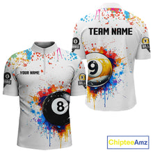 Load image into Gallery viewer, Funny 8 Ball &amp; 9 Ball Colorful Splash Billiard Shirt For Men Custom Billiard Team Jersey |White TDM5581