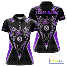 Load image into Gallery viewer, Customized 8 Ball Pool Crown Women Billiard Shirt, Black And Purple Billiard Team Shirt, Pool Jersey TDM4080