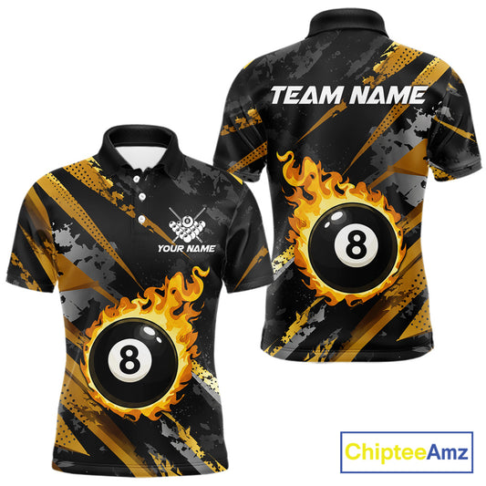 Black and gold billiard polo shirt for men with flaming 8-ball design and customizable team name and player name details.