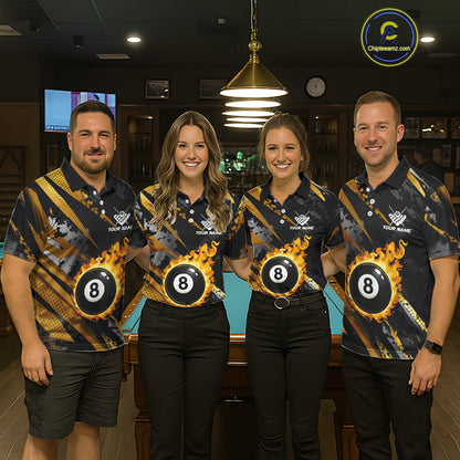 Gold Black Grunge Flame 8 Ball Billiard Shirts For Women Custom Pool Team Jersey Polo & 1/4 Zip TDM6619