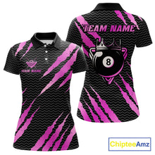 Load image into Gallery viewer, Black and pink billiard polo shirt with 'Team Name' and 'Your Name' text, featuring a crown 8-ball design.