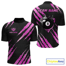 Load image into Gallery viewer, Black and pink billiard quarter zip shirt with 'Team Name' and 'Your Name' text, featuring a crown 8-ball design.