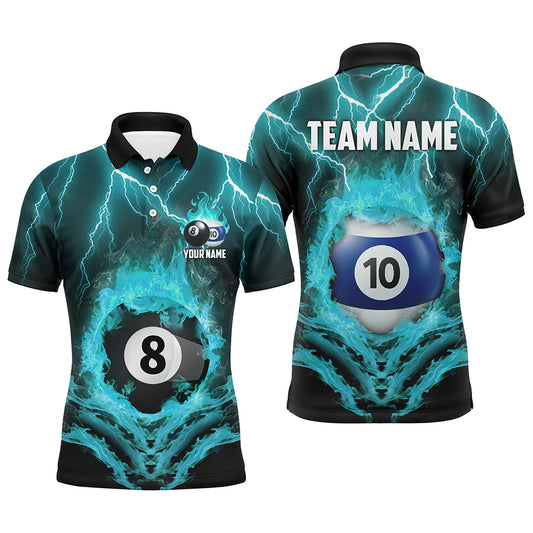 Billiard 8 & 10 Ball Fire Lightning Men Polo & 1/4 Zip Shirts Custom Billiard Jersey |Turquoise TDM1915