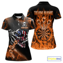 Load image into Gallery viewer, Fire Flame Darts Board American Flag Skull Dart Shirts For Women Custom Darts Team Jerseys |Orange TDM4267