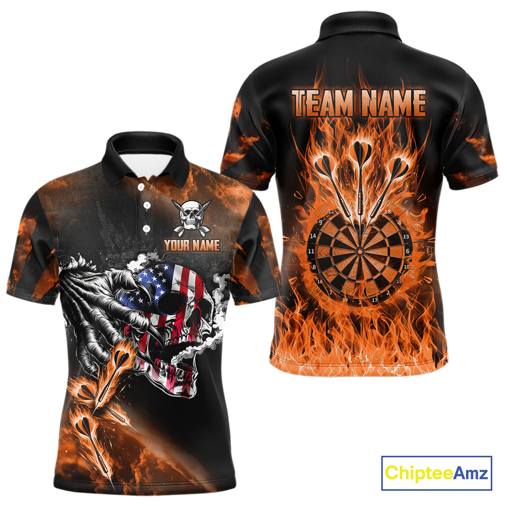 Fire Flame Darts Board American Flag Skull Dart Shirts For Men Custom Darts Team Jerseys |Orange TDM4267