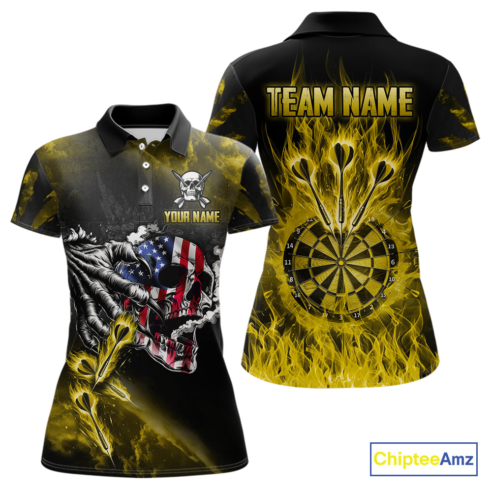 Fire Flame Darts Board American Flag Skull Dart Shirts For Women Custom Darts Team Jerseys |Yellow TDM4268