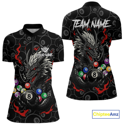 Personalized 8 Ball Dragon Billiard Shirt For Women, Billiard Team Jersey Polo & 1/4 Zip |Red TDM5109
