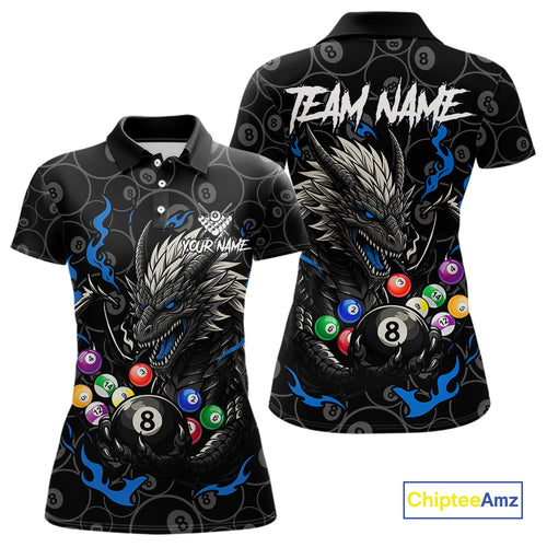 Personalized 8 Ball Dragon Billiard Shirt For Women, Billiard Team Jersey Polo & 1/4 Zip |Blue TDM5110
