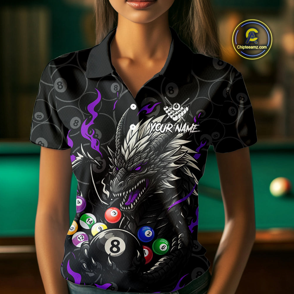 Personalized 8 Ball Dragon Billiard Shirt For Women, Billiard Team Jersey Polo & 1/4 Zip |Purple TDM5111