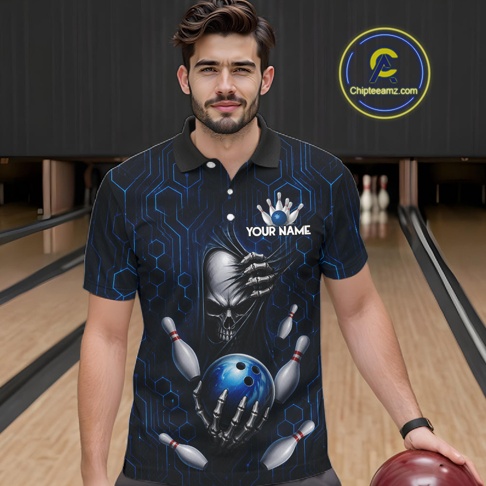 Black And Blue Custom Skull Bowling Shirt For Men, Hexagon Bowling Team Jersey Polo & 1/4 Zip TDM6425