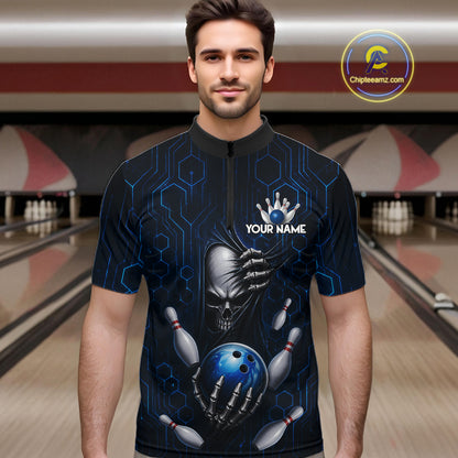 Black And Blue Custom Skull Bowling Shirt For Men, Hexagon Bowling Team Jersey Polo & 1/4 Zip TDM6425