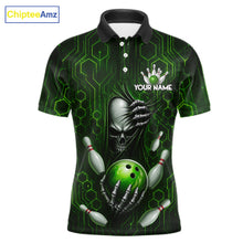 Load image into Gallery viewer, Black And Green Custom Skull Bowling Shirt For Men, Hexagon Bowling Team Jersey Polo &amp; 1/4 Zip TDM6426