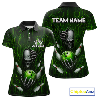 Black And Green Custom Skull Bowling Shirt For Women, Hexagon Bowling Team Jersey Polo & 1/4 Zip TDM6426