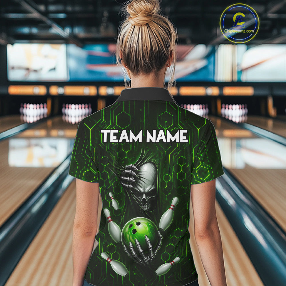 Black And Green Custom Skull Bowling Shirt For Women, Hexagon Bowling Team Jersey Polo & 1/4 Zip TDM6426